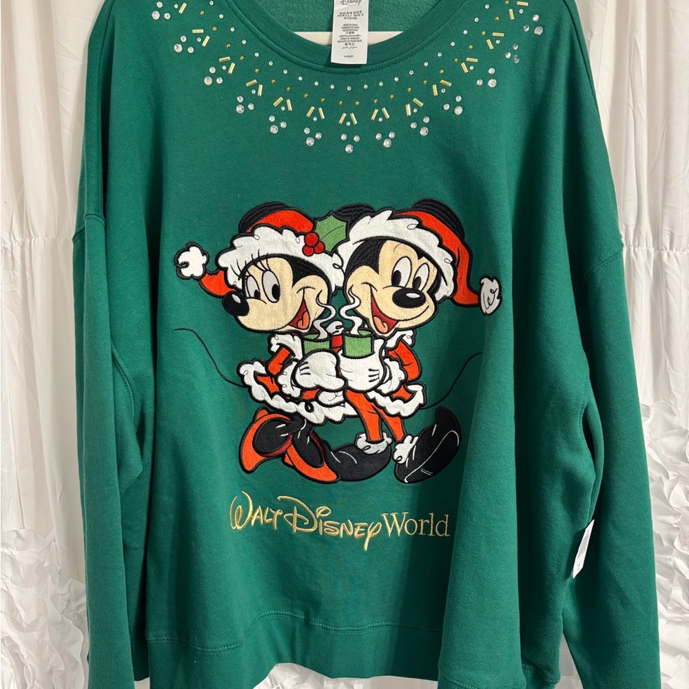 Disney Green Holiday Crewneck Sweatshirt with Embellished Gems